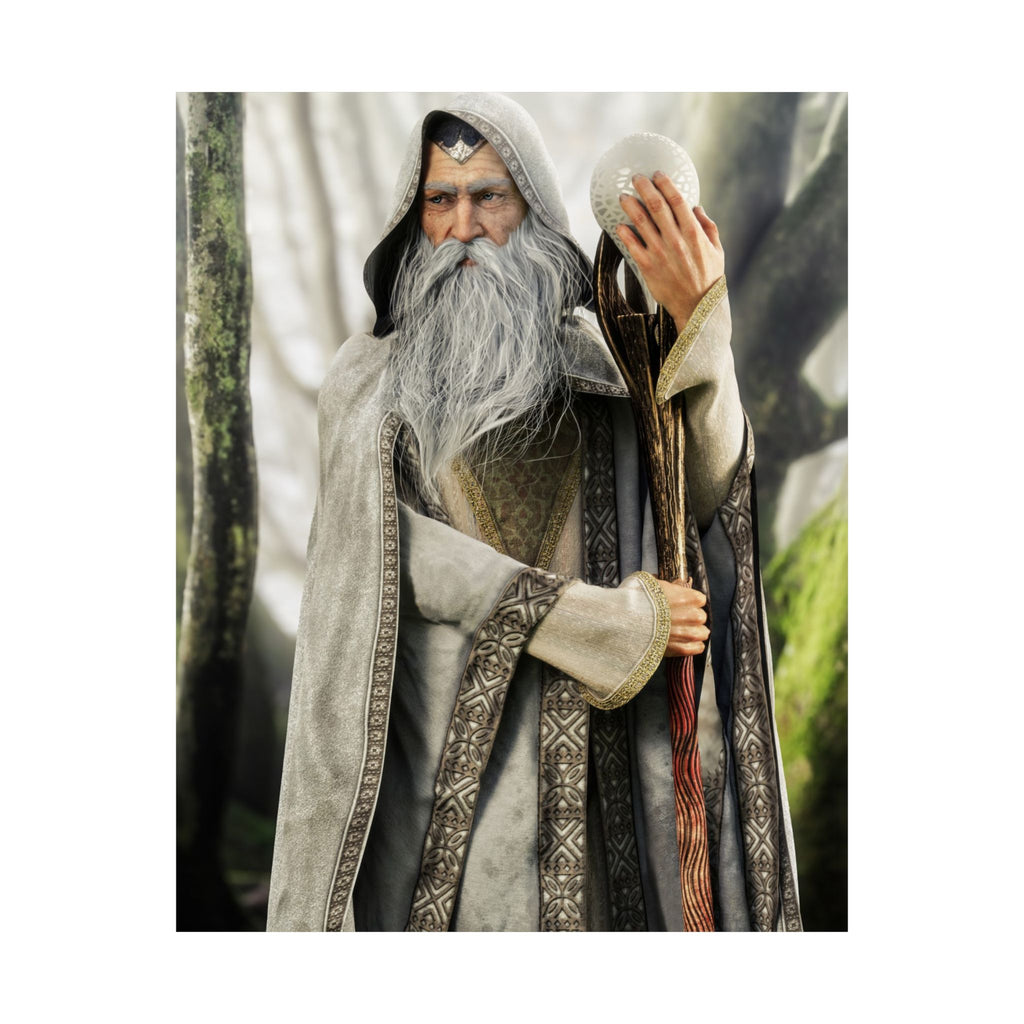 An ancient White Wizard stands in an enchanted forest wearing elegant ivory robes with intricate embroidery. Holding a carved wooden staff topped with a glowing magical crystal, the wise mage displays a flowing silver beard and a calm, commanding expression. Cinematic lighting, detailed textures, and a mystical woodland backdrop create a timeless fantasy illustration.