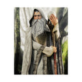 An ancient White Wizard stands in an enchanted forest wearing elegant ivory robes with intricate embroidery. Holding a carved wooden staff topped with a glowing magical crystal, the wise mage displays a flowing silver beard and a calm, commanding expression. Cinematic lighting, detailed textures, and a mystical woodland backdrop create a timeless fantasy illustration.