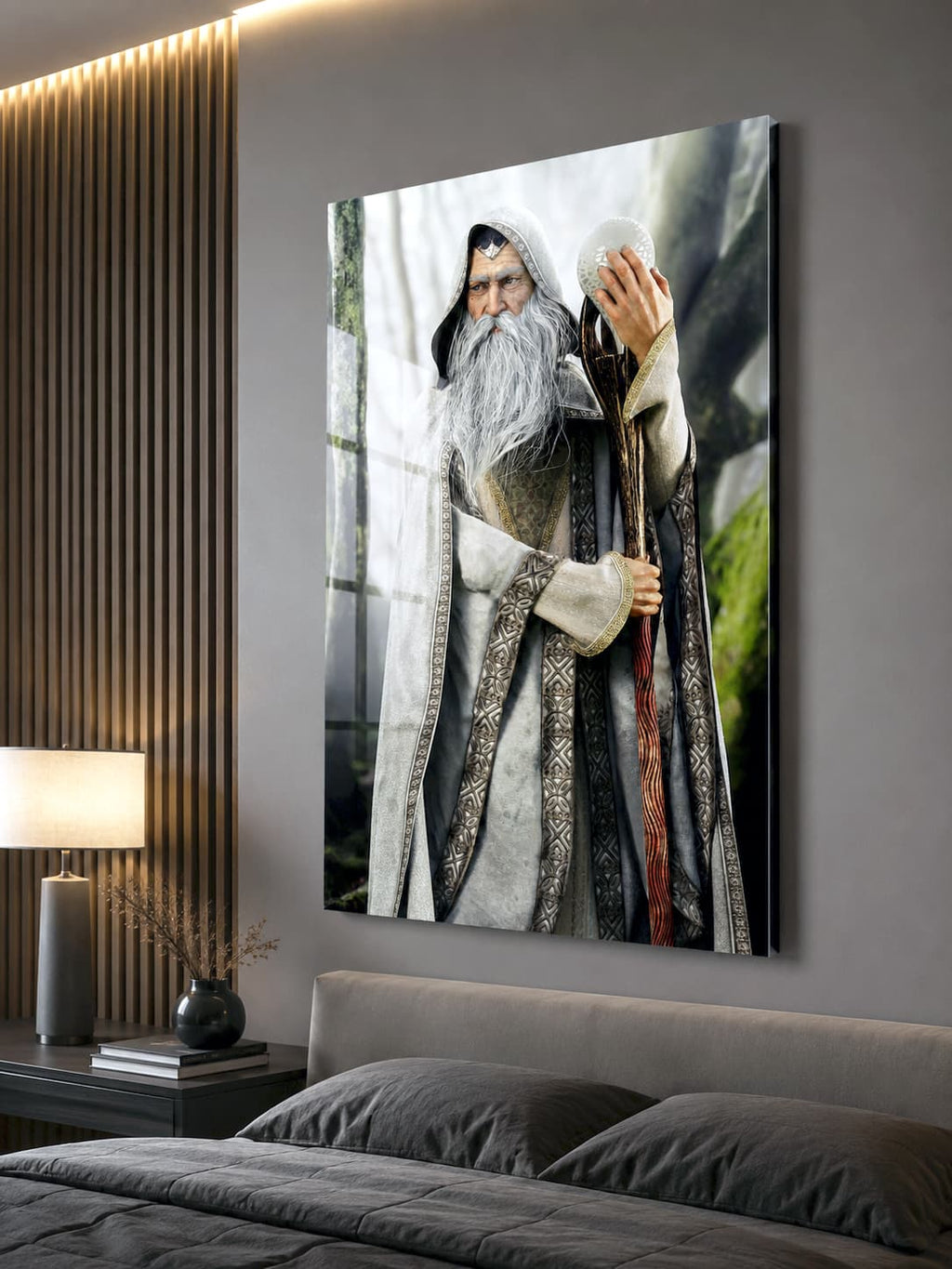 An ancient White Wizard stands in an enchanted forest wearing elegant ivory robes with intricate embroidery. Holding a carved wooden staff topped with a glowing magical crystal, the wise mage displays a flowing silver beard and a calm, commanding expression. Cinematic lighting, detailed textures, and a mystical woodland backdrop create a timeless fantasy illustration.