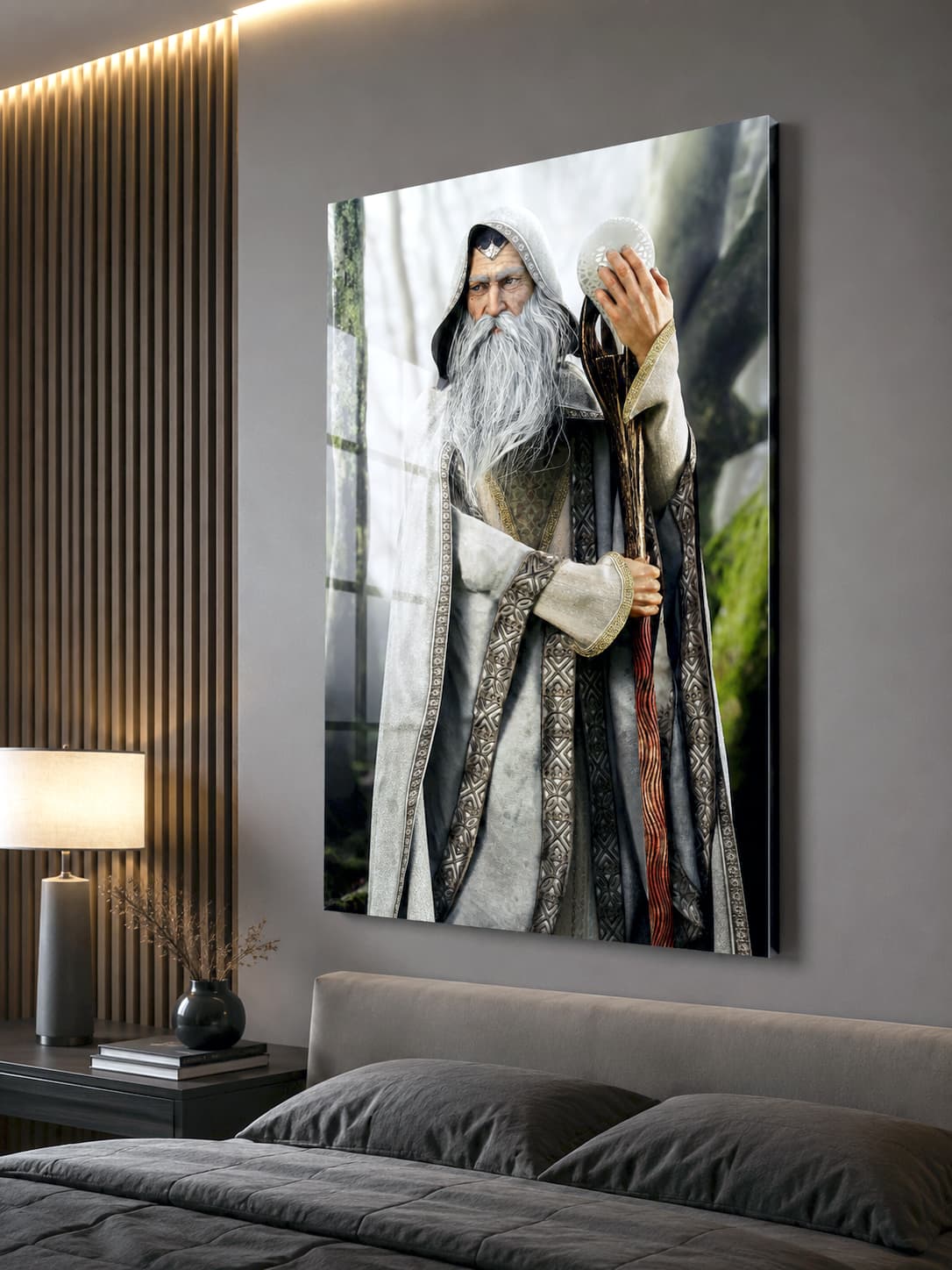 An ancient White Wizard stands in an enchanted forest wearing elegant ivory robes with intricate embroidery. Holding a carved wooden staff topped with a glowing magical crystal, the wise mage displays a flowing silver beard and a calm, commanding expression. Cinematic lighting, detailed textures, and a mystical woodland backdrop create a timeless fantasy illustration.