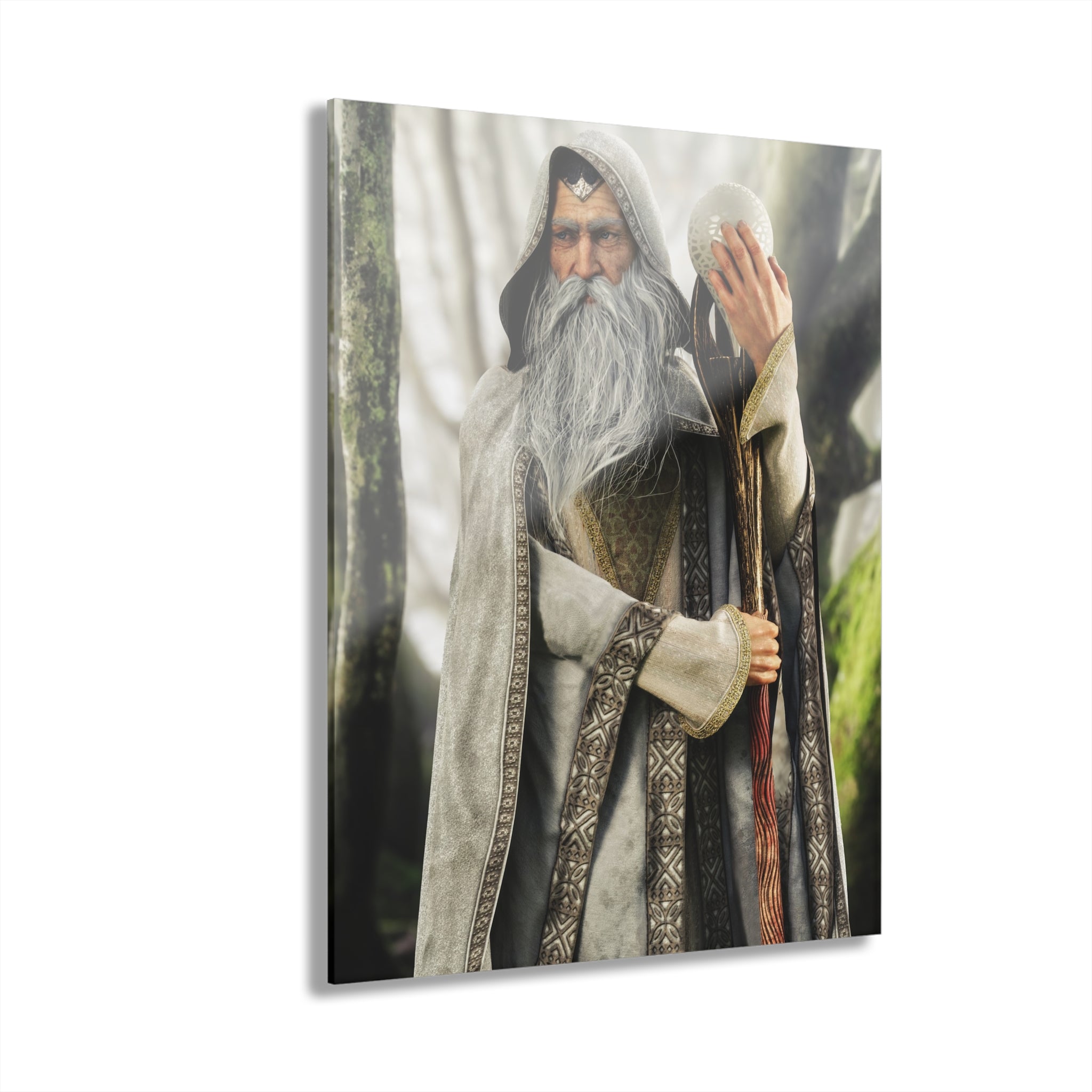 An ancient White Wizard stands in an enchanted forest wearing elegant ivory robes with intricate embroidery. Holding a carved wooden staff topped with a glowing magical crystal, the wise mage displays a flowing silver beard and a calm, commanding expression. Cinematic lighting, detailed textures, and a mystical woodland backdrop create a timeless fantasy illustration.