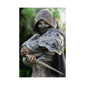 Hand-crafted fantasy artwork featuring a hooded dark elf assassin wearing ornate engraved armor and a face veil while holding a dagger in a cinematic forest setting with realistic fantasy details.