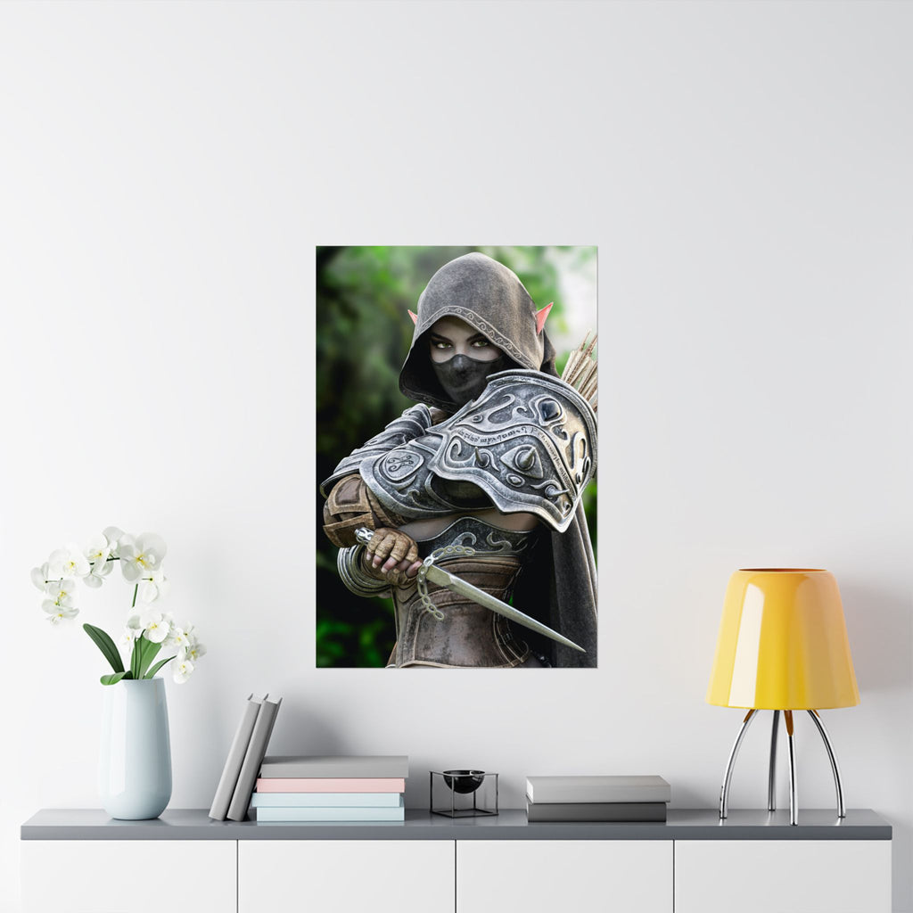 Hand-crafted fantasy artwork featuring a hooded dark elf assassin wearing ornate engraved armor and a face veil while holding a dagger in a cinematic forest setting with realistic fantasy details.
