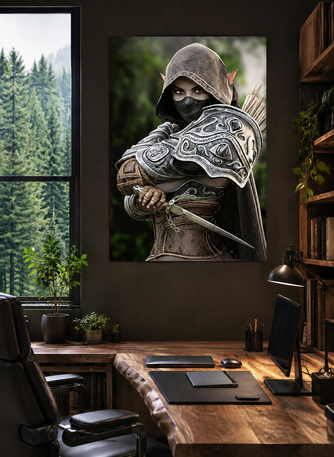 Hand-crafted fantasy artwork featuring a hooded dark elf assassin wearing ornate engraved armor and a face veil while holding a dagger in a cinematic forest setting with realistic fantasy details.