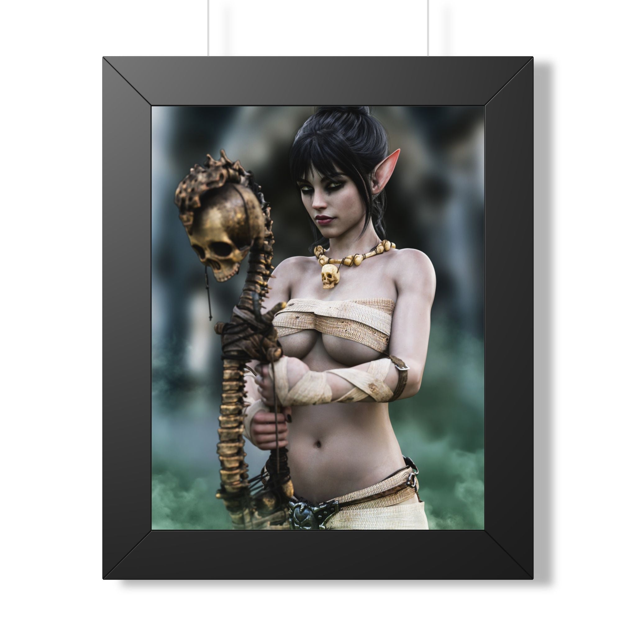 Original handcrafted fantasy artwork featuring a dark elf necromancer holding a skull-topped staff, wearing ceremonial wraps and bone jewelry amid mystical green magical mist.