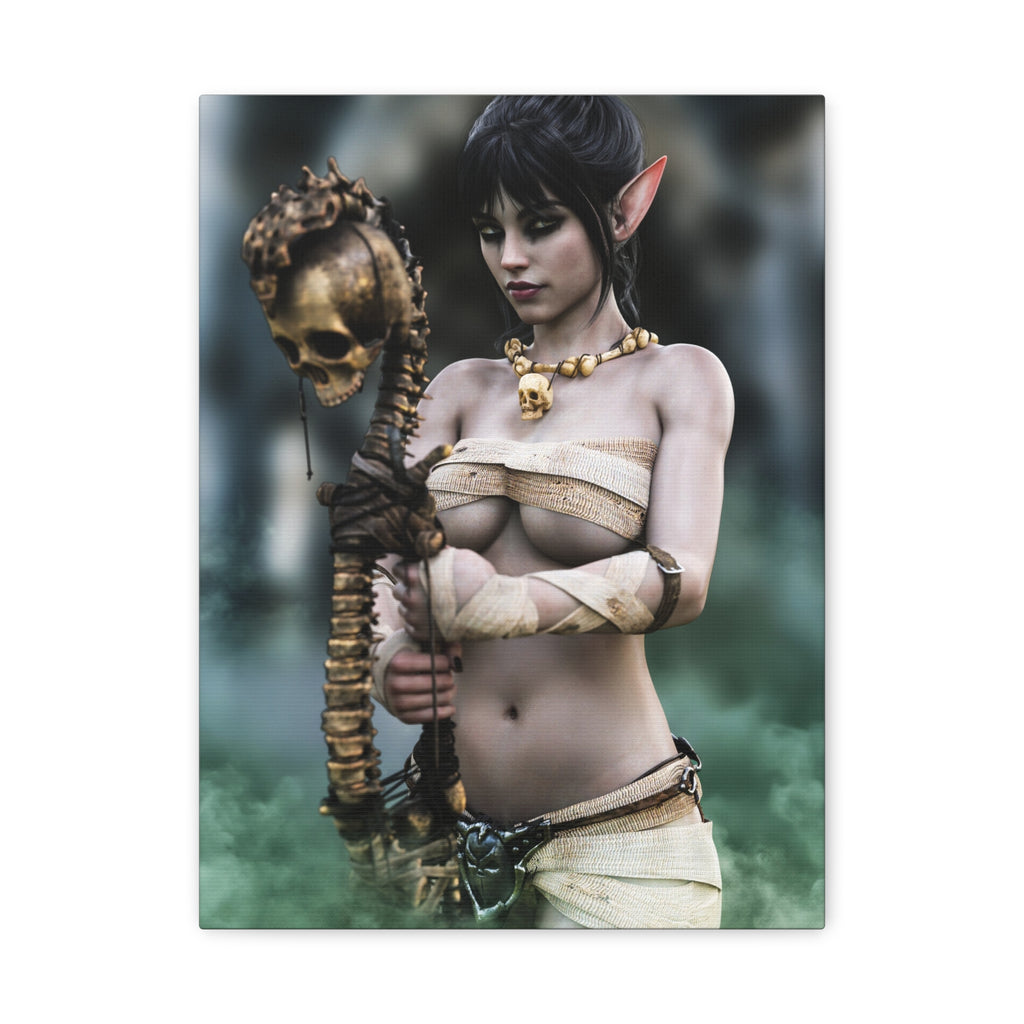 Original handcrafted fantasy artwork featuring a dark elf necromancer holding a skull-topped staff, wearing ceremonial wraps and bone jewelry amid mystical green magical mist.