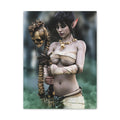 Original handcrafted fantasy artwork featuring a dark elf necromancer holding a skull-topped staff, wearing ceremonial wraps and bone jewelry amid mystical green magical mist.