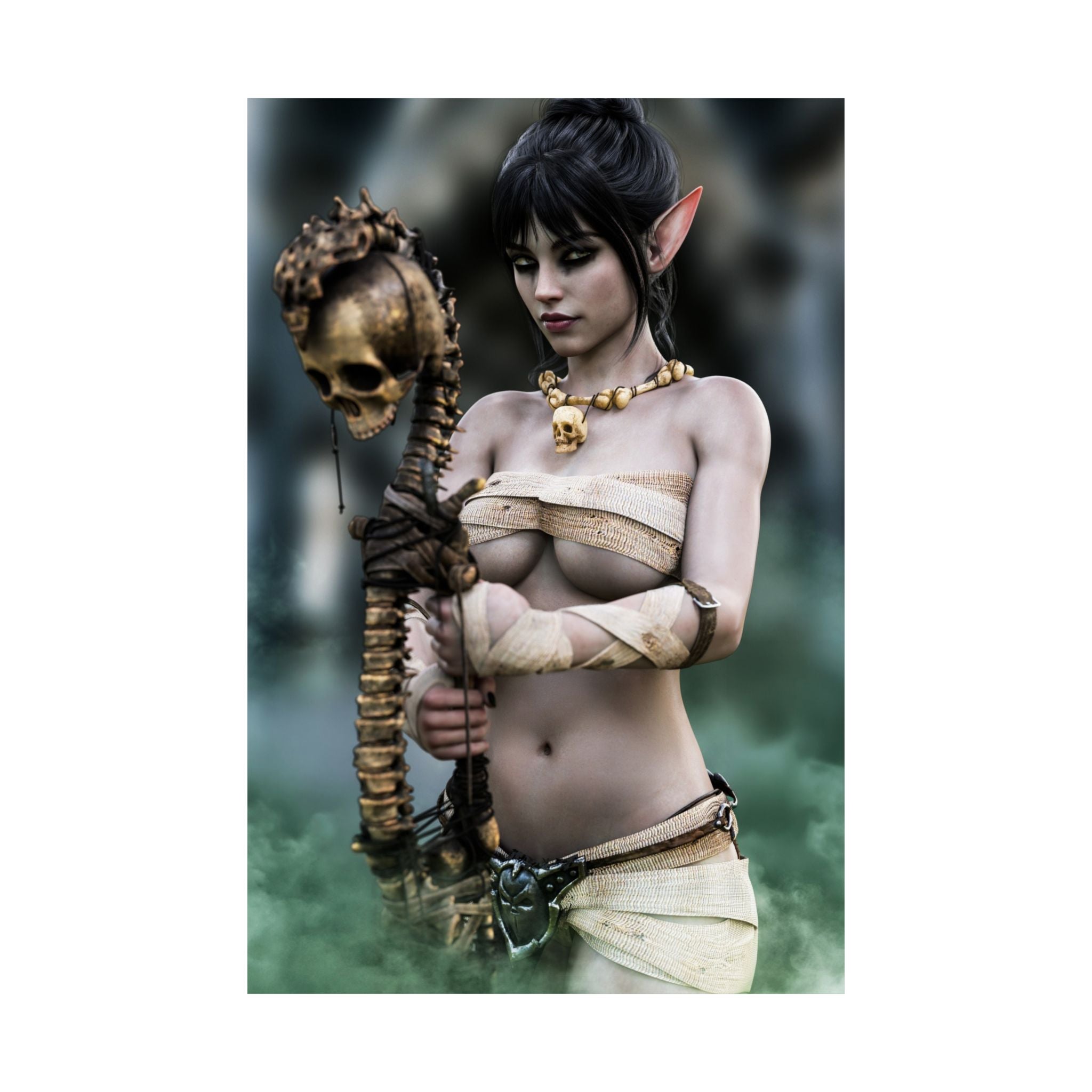 Handcrafted fantasy artwork featuring a dark elf necromancer holding a skull-topped staff, wearing ceremonial wraps and bone jewelry amid mystical green magical mist.