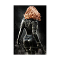 Original handcrafted sci-fi artwork featuring a futuristic red-haired female assassin wearing black tactical armor while carrying dual advanced pistols in a cinematic smoky environment.