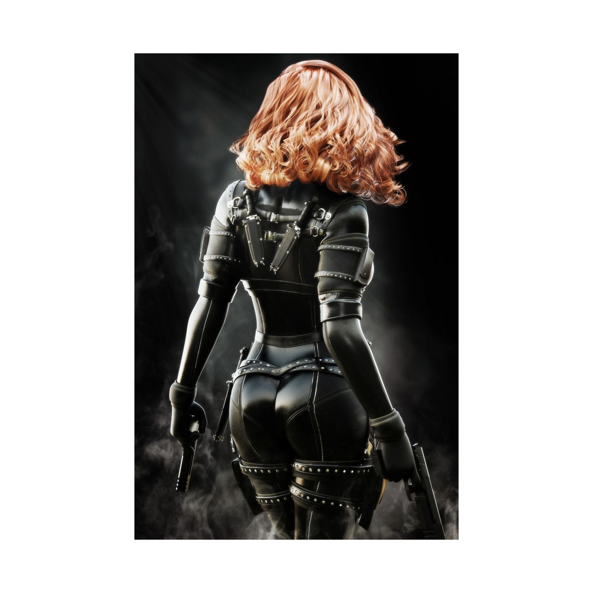 Original handcrafted sci-fi artwork featuring a futuristic red-haired female assassin wearing black tactical armor while carrying dual advanced pistols in a cinematic smoky environment.