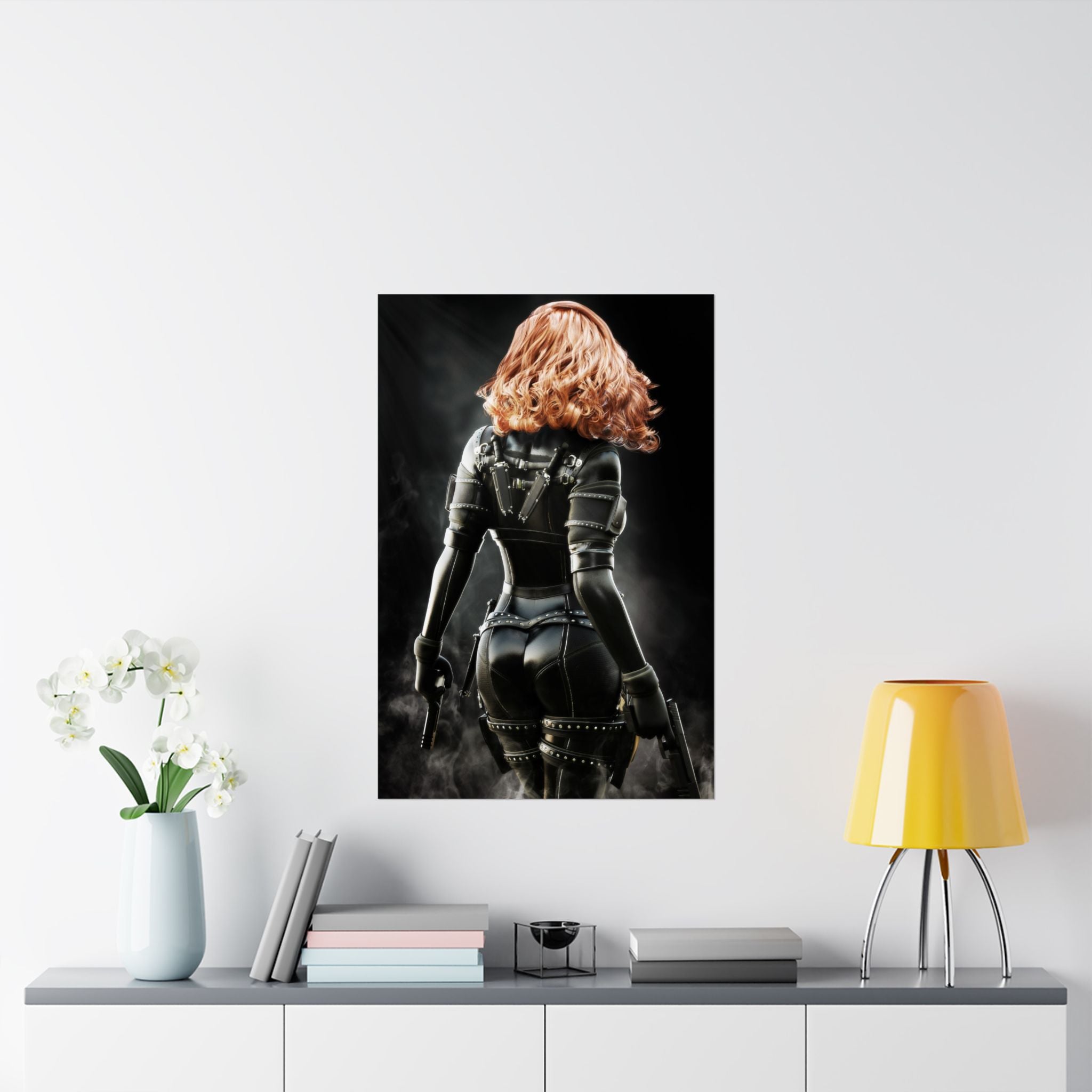 Original handcrafted sci-fi artwork featuring a futuristic red-haired female assassin wearing black tactical armor while carrying dual advanced pistols in a cinematic smoky environment.