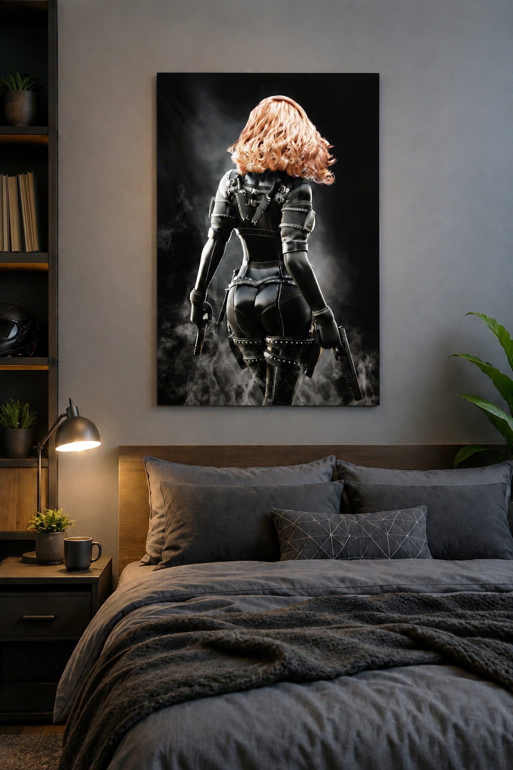 Original handcrafted sci-fi artwork featuring a futuristic red-haired female assassin wearing black tactical armor while carrying dual advanced pistols in a cinematic smoky environment.