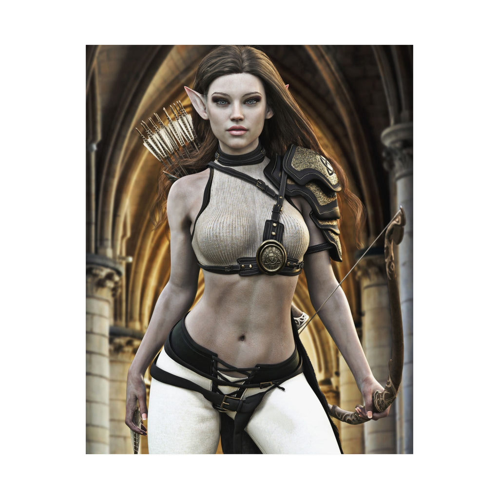 Hand-crafted fantasy artwork featuring a female elf archer with long brown hair, ornate shoulder armor, a carved wooden bow, and a quiver of arrows standing before Gothic stone arches in a cinematic fantasy setting.