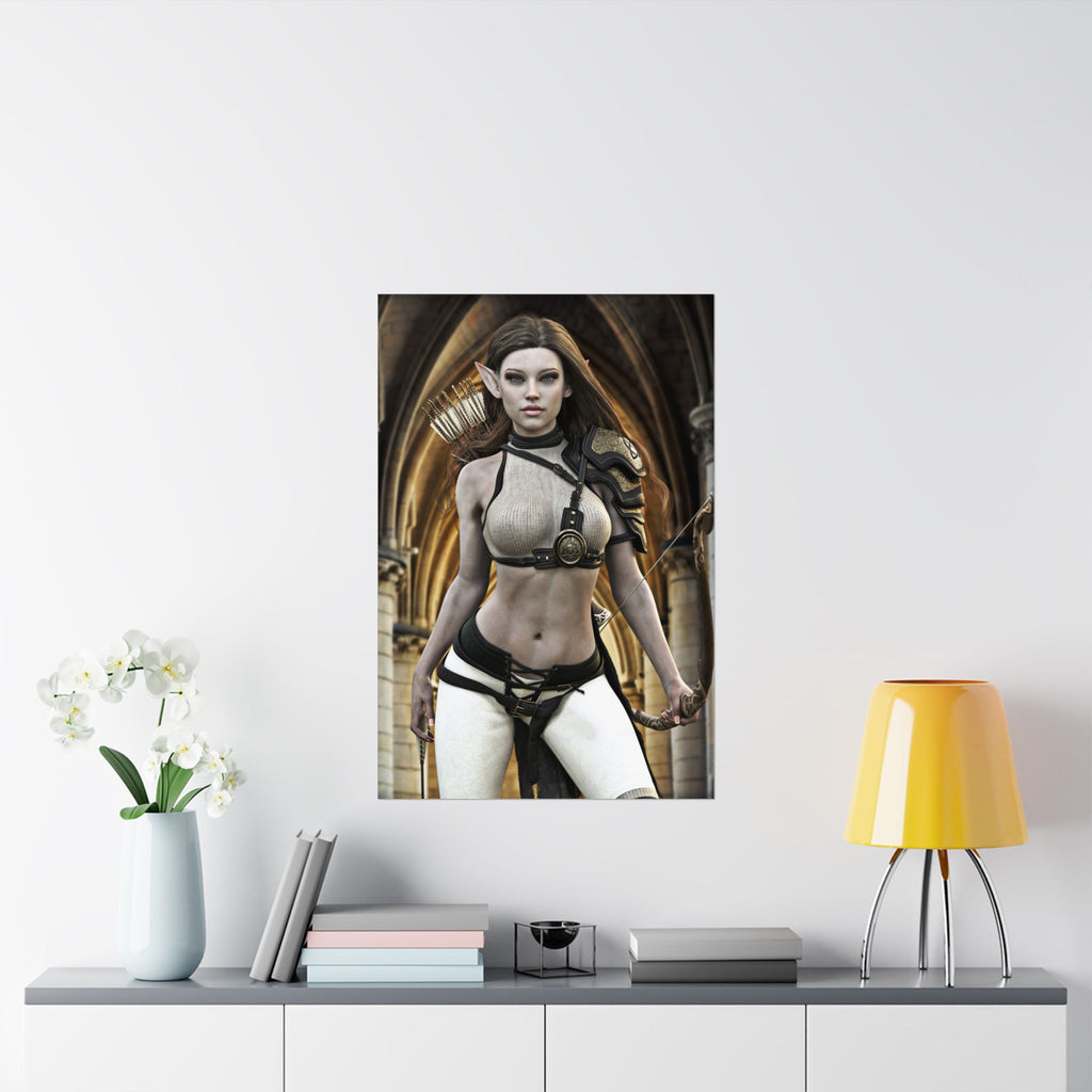 Hand-crafted fantasy artwork featuring a female elf archer with long brown hair, ornate shoulder armor, a carved wooden bow, and a quiver of arrows standing before Gothic stone arches in a cinematic fantasy setting.