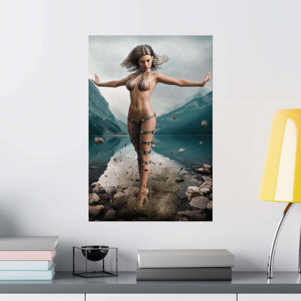 Hand-crafted fantasy artwork featuring a female mage levitating above a mountain lake while channeling powerful elemental magic with floating rocks, dramatic lighting, and realistic fantasy details.