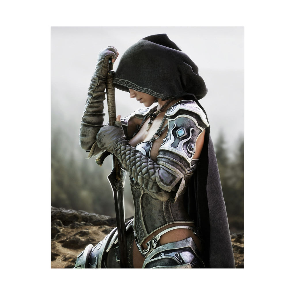 A hooded female fantasy warrior kneels while resting both hands on the hilt of a sword planted in the ground. Wearing intricately engraved silver armor and a flowing dark cloak, she stands against a misty mountain landscape that creates a cinematic atmosphere of honor, courage, and quiet determination in this highly detailed fantasy illustration.