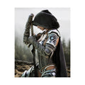 A hooded female fantasy warrior kneels while resting both hands on the hilt of a sword planted in the ground. Wearing intricately engraved silver armor and a flowing dark cloak, she stands against a misty mountain landscape that creates a cinematic atmosphere of honor, courage, and quiet determination in this highly detailed fantasy illustration.