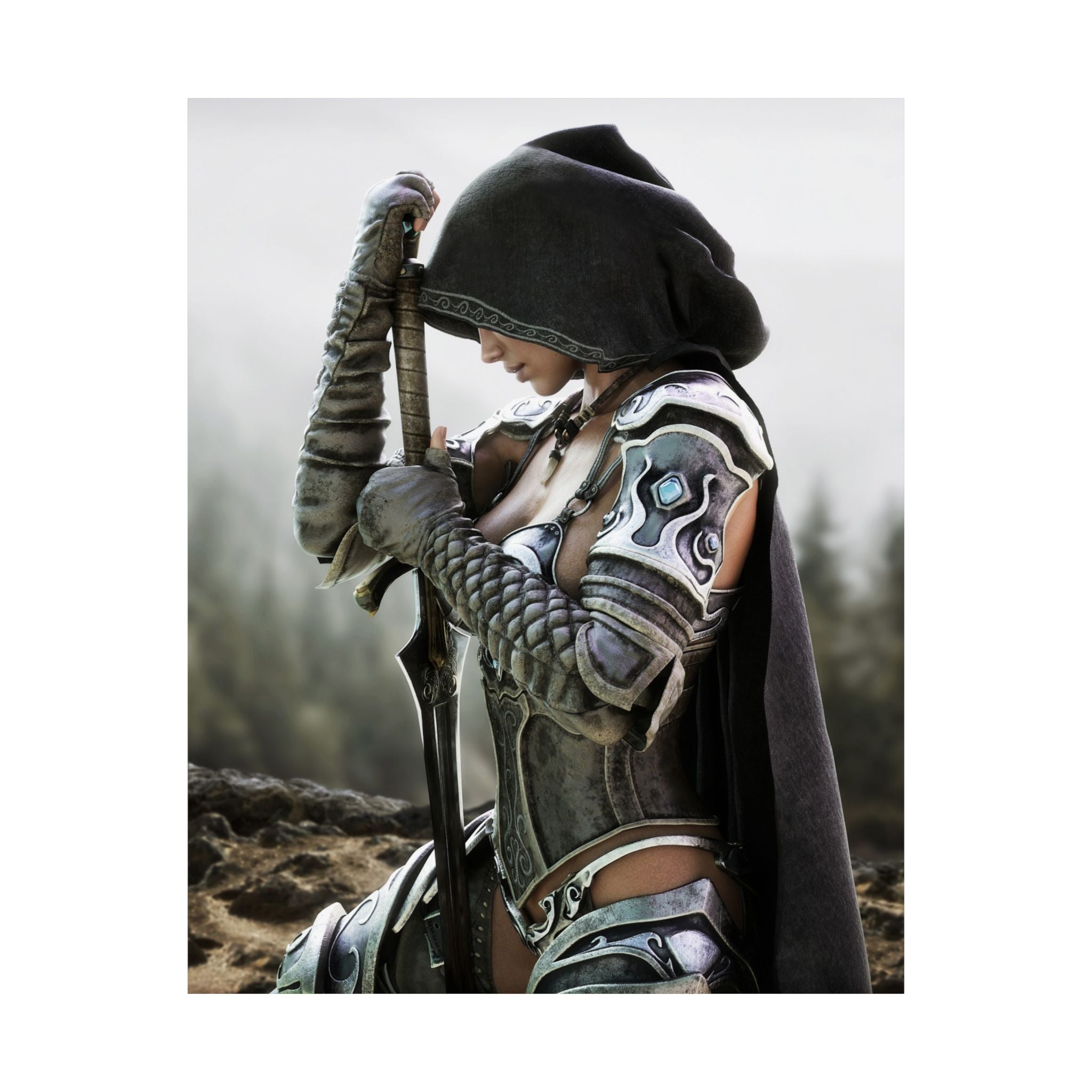 A hooded female fantasy warrior kneels while resting both hands on the hilt of a sword planted in the ground. Wearing intricately engraved silver armor and a flowing dark cloak, she stands against a misty mountain landscape that creates a cinematic atmosphere of honor, courage, and quiet determination in this highly detailed fantasy illustration.