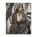 Handcrafted female ranger artwork featuring a hooded fantasy warrior resting beside an ornate sword in an enchanted forest.