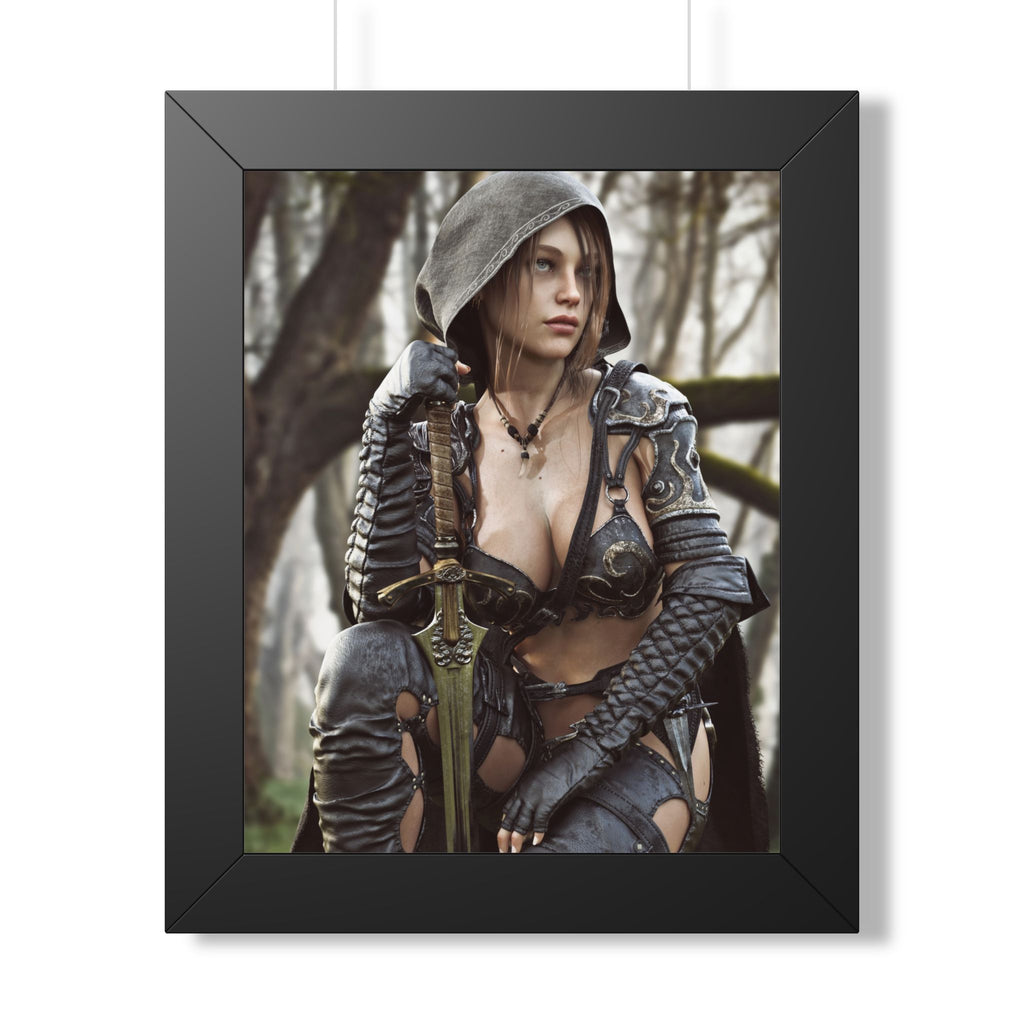 Handcrafted female ranger artwork featuring a hooded fantasy warrior resting beside her sword in an enchanted forest. Premium fantasy wall art.