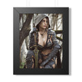 Handcrafted female ranger artwork featuring a hooded fantasy warrior resting beside her sword in an enchanted forest. Premium fantasy wall art.
