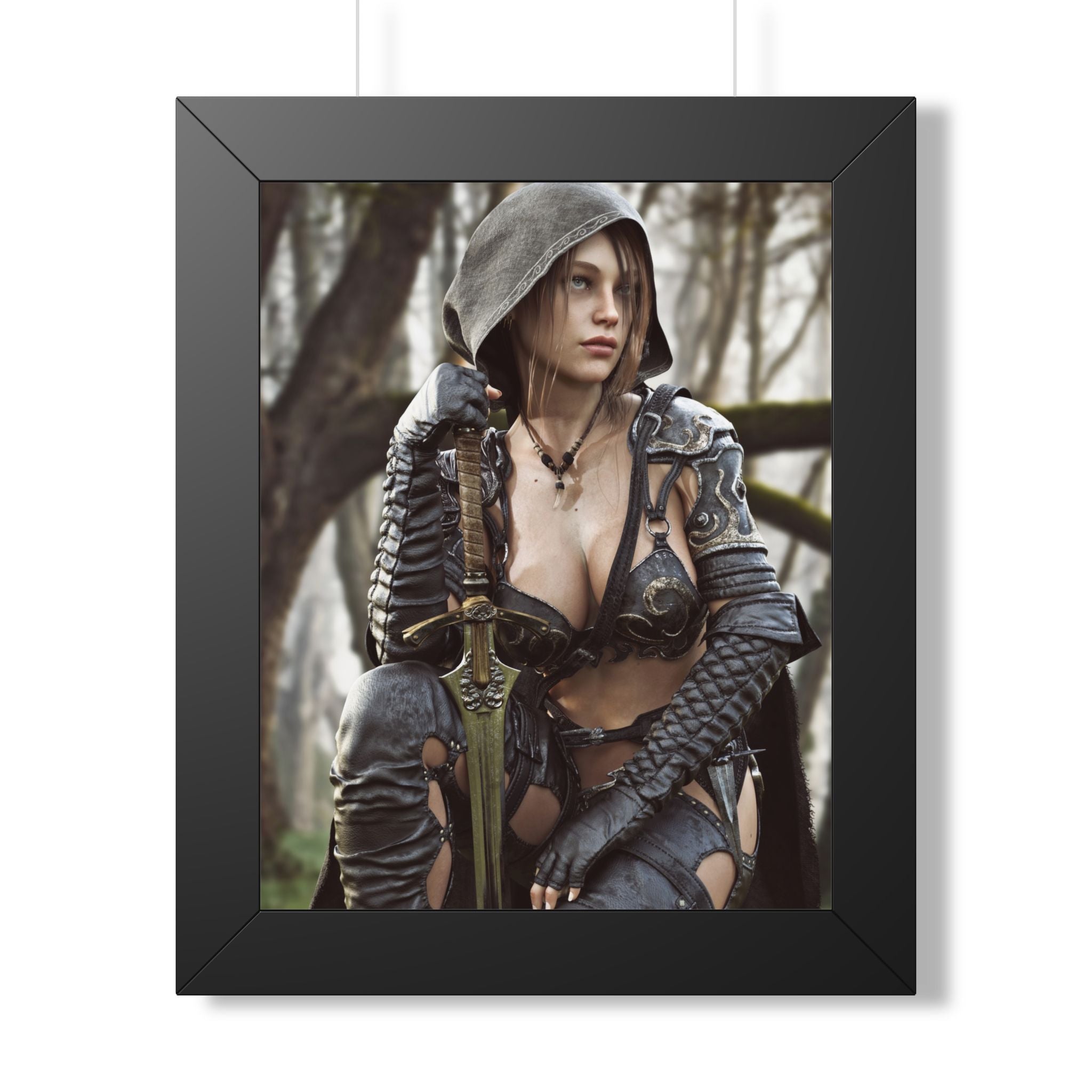 Handcrafted female ranger artwork featuring a hooded fantasy warrior resting beside her sword in an enchanted forest. Premium fantasy wall art.
