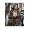 Handcrafted female ranger artwork featuring a hooded fantasy warrior resting beside an ornate sword in an enchanted forest.