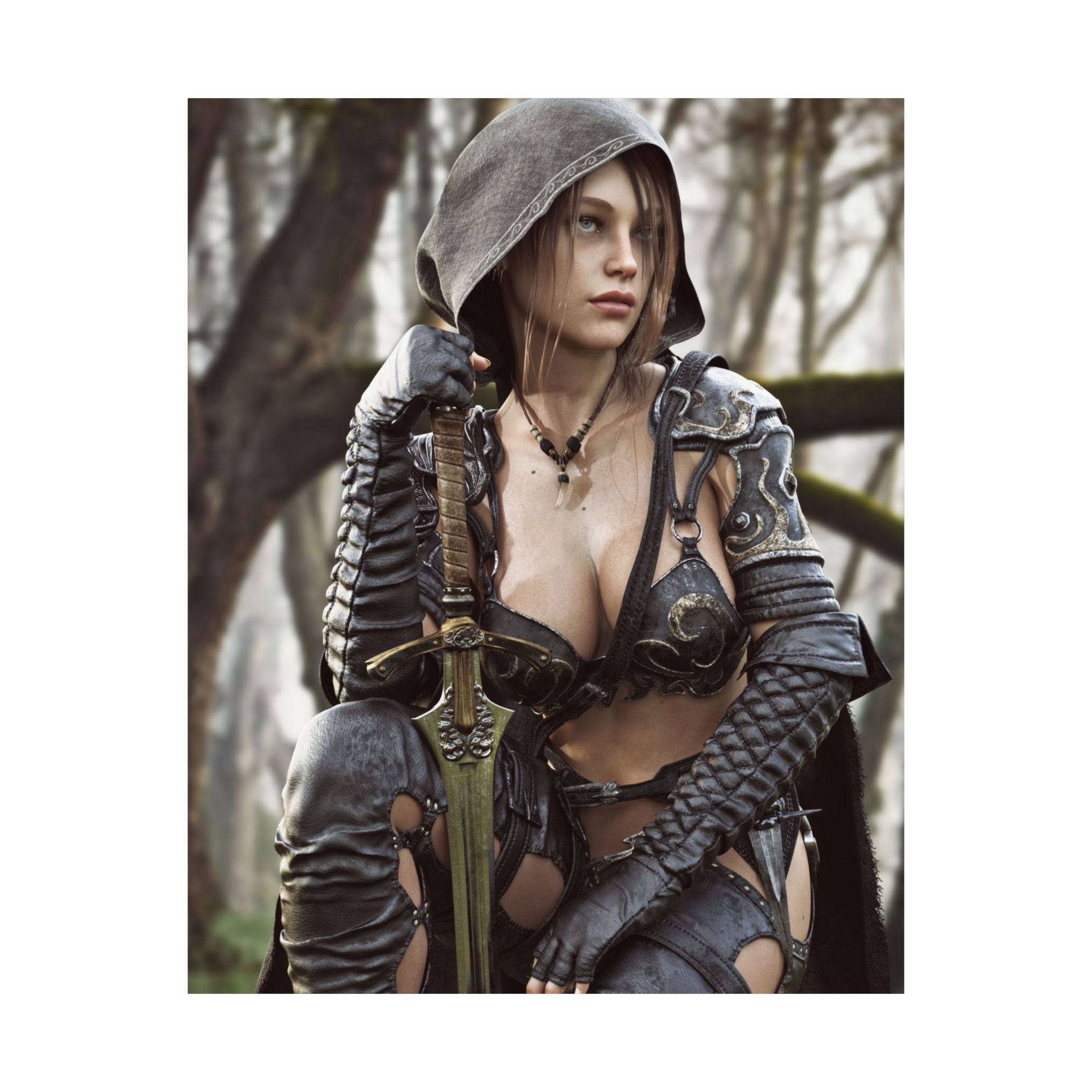 Handcrafted female ranger artwork featuring a hooded fantasy warrior resting beside an ornate sword in an enchanted forest.