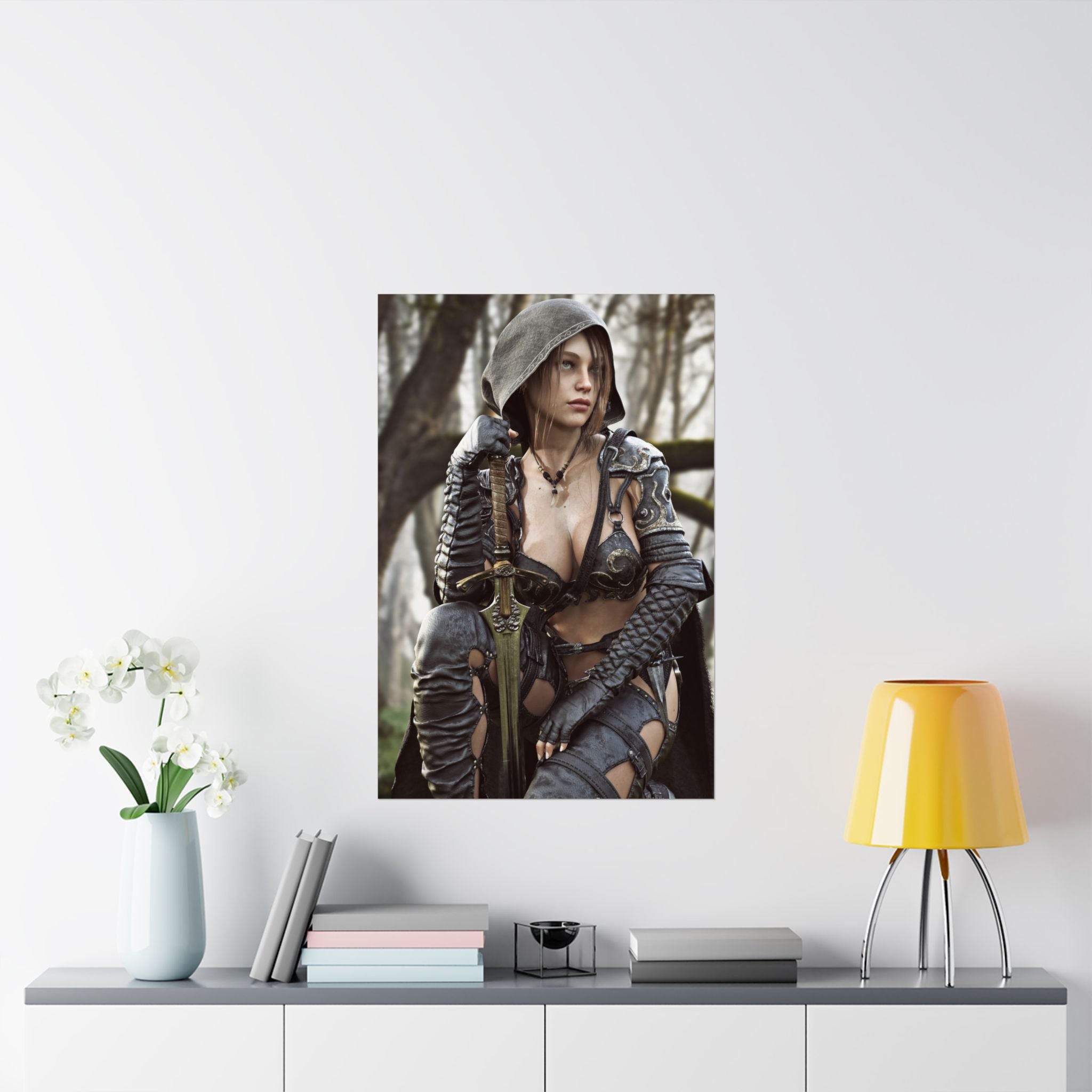 Handcrafted female ranger artwork featuring a hooded fantasy warrior resting beside an ornate sword in an enchanted forest.