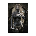 Original handcrafted dark elf assassin artwork featuring a hooded female rogue with twin daggers standing inside a medieval stone corridor.