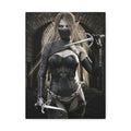 Original handcrafted dark elf assassin artwork featuring a hooded female rogue with twin daggers standing inside a medieval stone corridor.