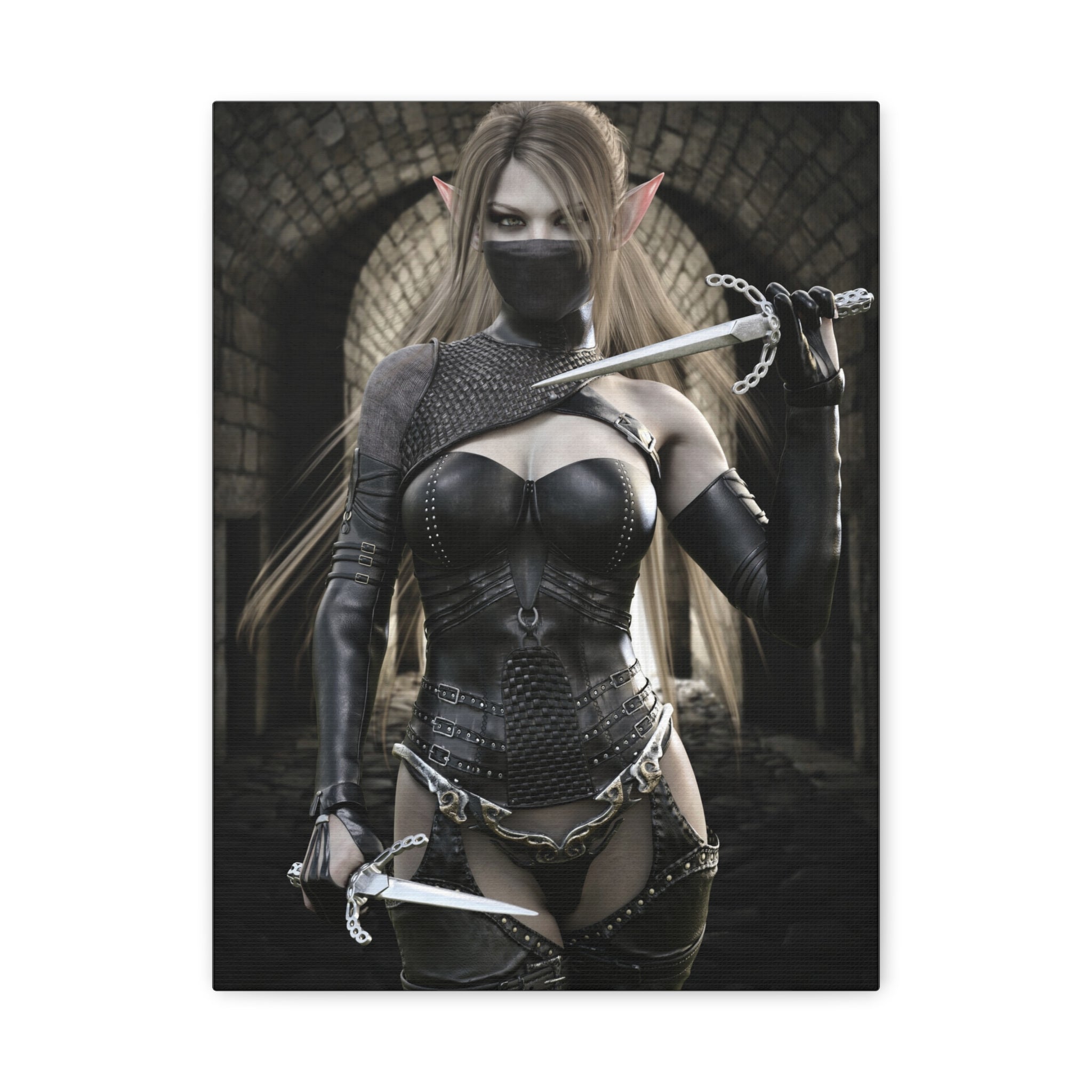 Original handcrafted dark elf assassin artwork featuring a hooded female rogue with twin daggers standing inside a medieval stone corridor.