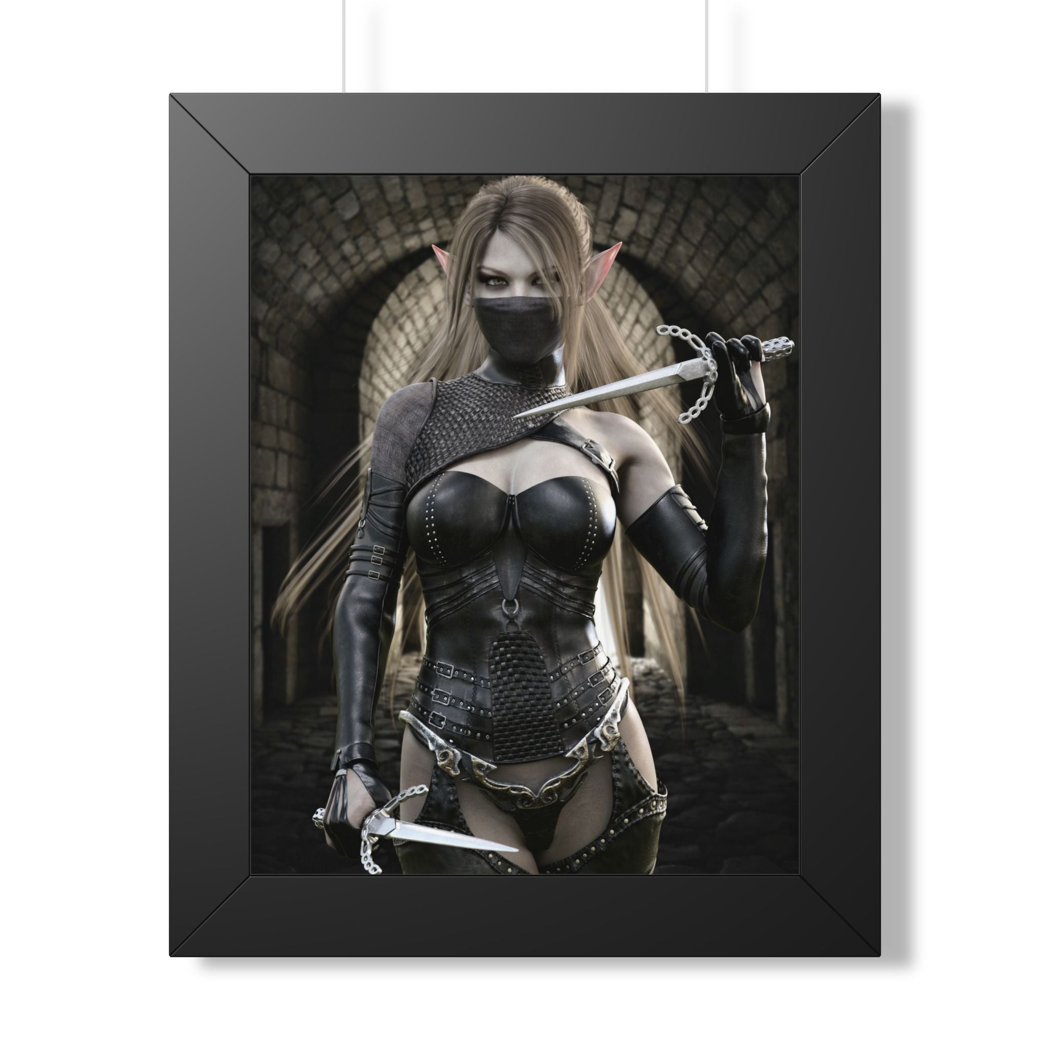Original handcrafted dark elf assassin artwork featuring a hooded female rogue with twin daggers standing inside a medieval stone corridor.