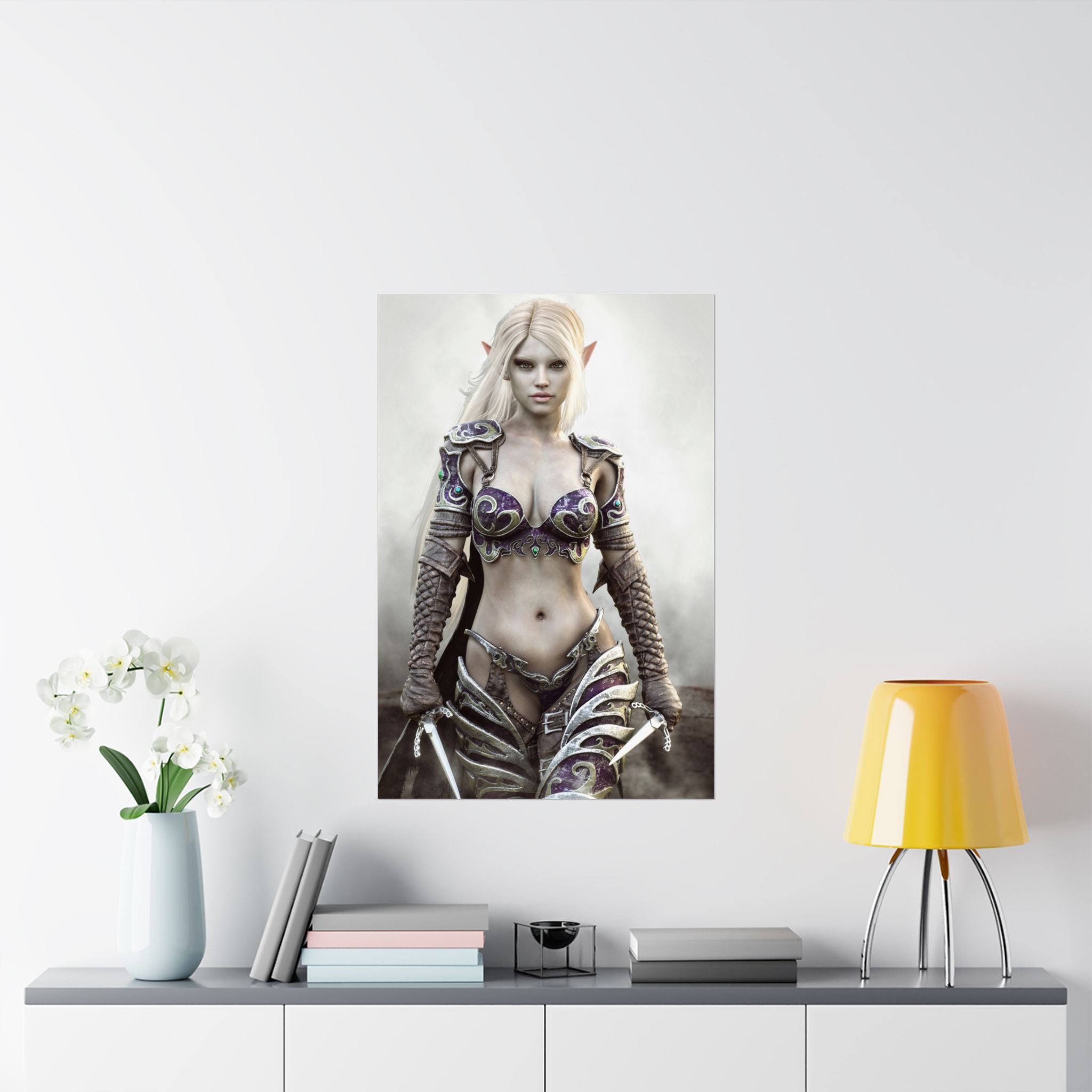 A powerful Dark Elf Assassin stands confidently holding twin daggers while wearing intricately engraved purple and silver armor. Her flowing platinum hair, pointed ears, and piercing gaze create a striking fantasy portrait enhanced by soft cinematic lighting and detailed craftsmanship inspired by epic fantasy adventures.