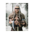 A powerful Viking Shield Maiden stands in a snowy forest holding a battle axe while wearing a fur-lined cloak, leather armor, and tribal war paint. Her white braided hair, weathered shield, and determined expression create a cinematic fantasy portrait inspired by Norse mythology and legendary Viking warriors.