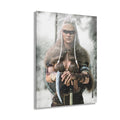 A powerful Viking Shield Maiden stands in a snowy forest holding a battle axe while wearing a fur-lined cloak, leather armor, and tribal war paint. Her white braided hair, weathered shield, and determined expression create a cinematic fantasy portrait inspired by Norse mythology and legendary Viking warriors.