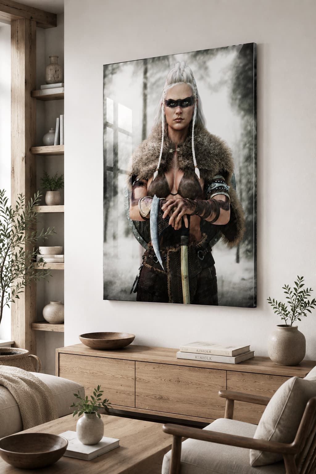 A powerful Viking Shield Maiden stands in a snowy forest holding a battle axe while wearing a fur-lined cloak, leather armor, and tribal war paint. Her white braided hair, weathered shield, and determined expression create a cinematic fantasy portrait inspired by Norse mythology and legendary Viking warriors.