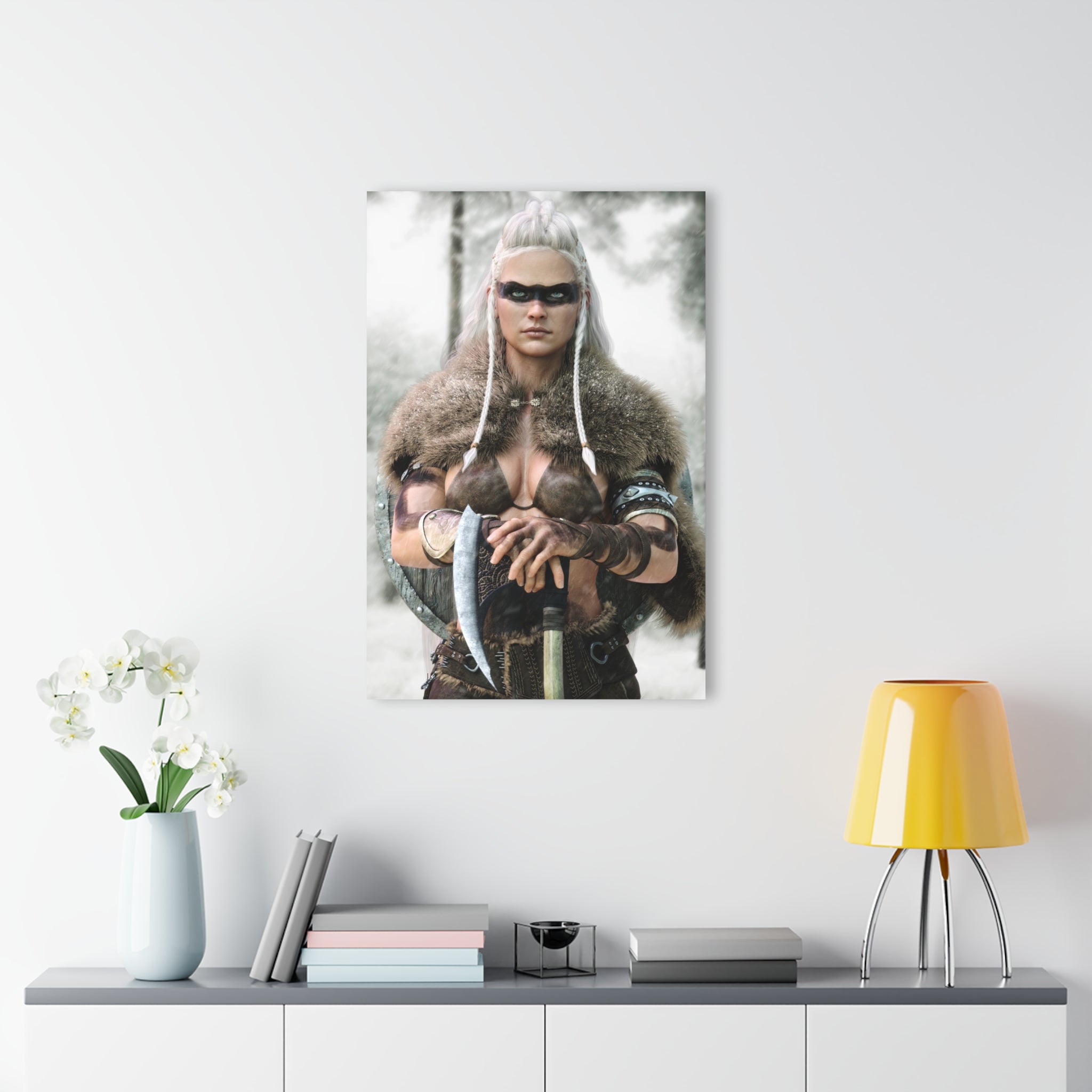 A powerful Viking Shield Maiden stands in a snowy forest holding a battle axe while wearing a fur-lined cloak, leather armor, and tribal war paint. Her white braided hair, weathered shield, and determined expression create a cinematic fantasy portrait inspired by Norse mythology and legendary Viking warriors.