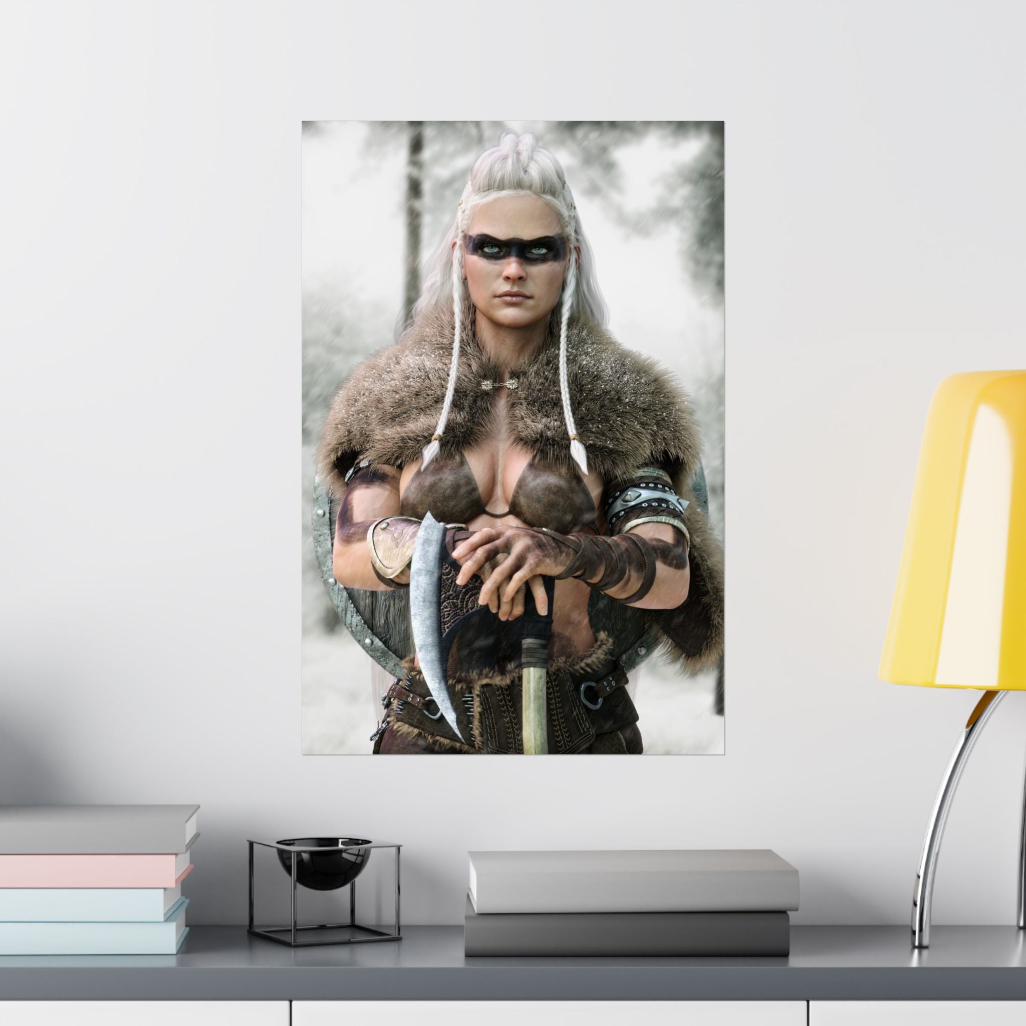 A powerful Viking Shield Maiden stands in a snowy forest holding a battle axe while wearing a fur-lined cloak, leather armor, and tribal war paint. Her white braided hair, weathered shield, and determined expression create a cinematic fantasy portrait inspired by Norse mythology and legendary Viking warriors.