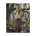 Handcrafted fantasy artwork featuring a female woodland archer with a carved longbow standing beside a majestic snow leopard in an enchanted forest surrounded by ancient moss-covered trees.