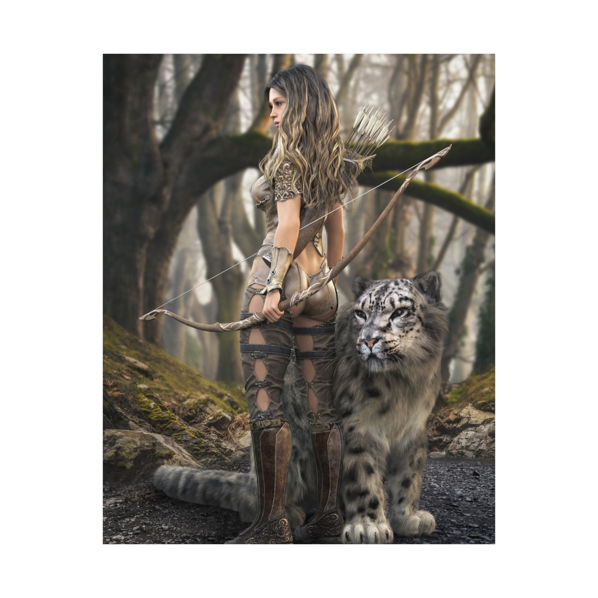 Handcrafted fantasy artwork featuring a female woodland archer with a carved longbow standing beside a majestic snow leopard in an enchanted forest surrounded by ancient moss-covered trees.