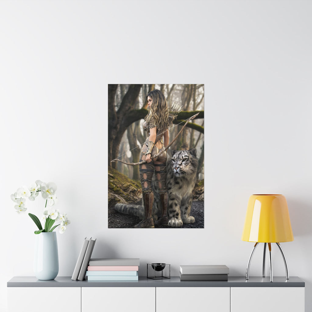 Handcrafted fantasy artwork featuring a female woodland archer with a carved longbow standing beside a majestic snow leopard in an enchanted forest surrounded by ancient moss-covered trees.