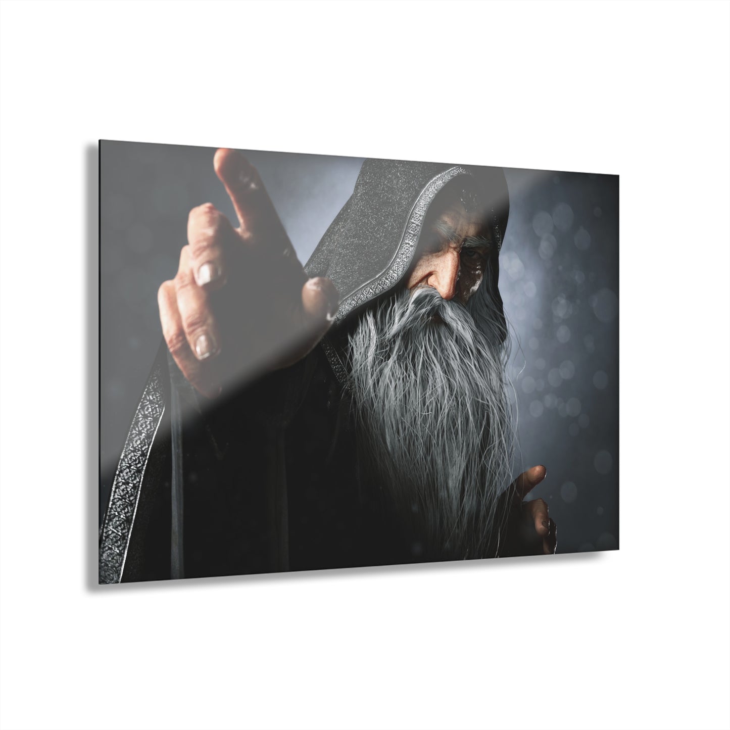 A hand-crafted fantasy illustration of an elderly hooded wizard extending his hand toward the viewer. Featuring a flowing silver beard, detailed robes, cinematic lighting, and realistic textures, this original fantasy artwork captures the power and mystery of an ancient arcane mage.