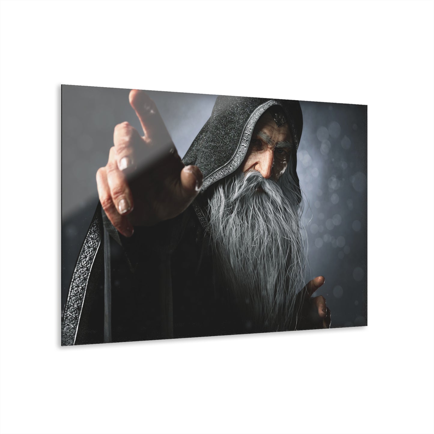 A hand-crafted fantasy illustration of an elderly hooded wizard extending his hand toward the viewer. Featuring a flowing silver beard, detailed robes, cinematic lighting, and realistic textures, this original fantasy artwork captures the power and mystery of an ancient arcane mage.