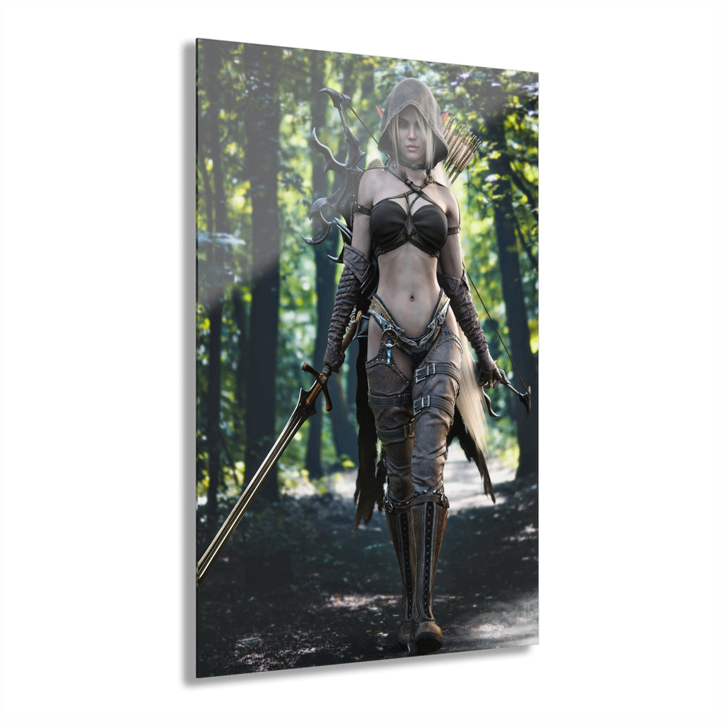 A hand-crafted fantasy illustration of a female elf warrior walking through an enchanted forest wearing a hooded cloak and detailed leather armor. She carries an ornate longsword, fantasy bow, and quiver of arrows while cinematic lighting and lush woodland scenery create an immersive fantasy adventure.