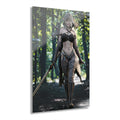 A hand-crafted fantasy illustration of a female elf warrior walking through an enchanted forest wearing a hooded cloak and detailed leather armor. She carries an ornate longsword, fantasy bow, and quiver of arrows while cinematic lighting and lush woodland scenery create an immersive fantasy adventure.