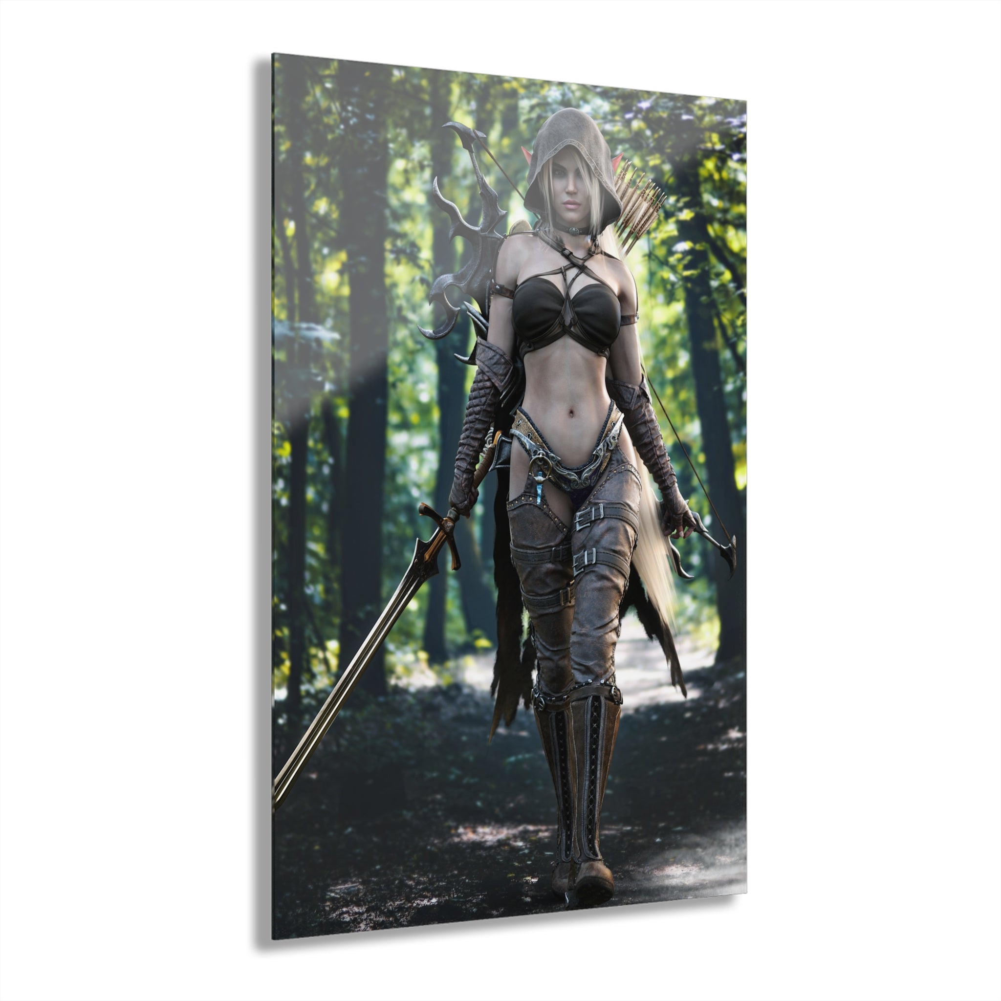 A hand-crafted fantasy illustration of a female elf warrior walking through an enchanted forest wearing a hooded cloak and detailed leather armor. She carries an ornate longsword, fantasy bow, and quiver of arrows while cinematic lighting and lush woodland scenery create an immersive fantasy adventure.
