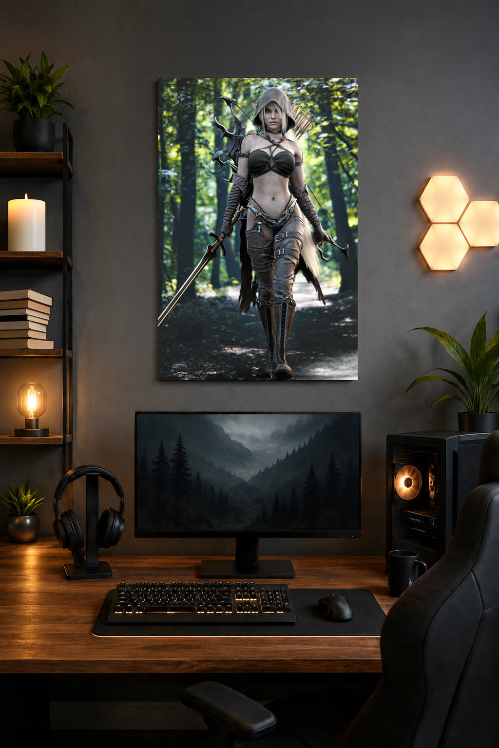 A hand-crafted fantasy illustration of a female elf warrior walking through an enchanted forest wearing a hooded cloak and detailed leather armor. She carries an ornate longsword, fantasy bow, and quiver of arrows while cinematic lighting and lush woodland scenery create an immersive fantasy adventure.