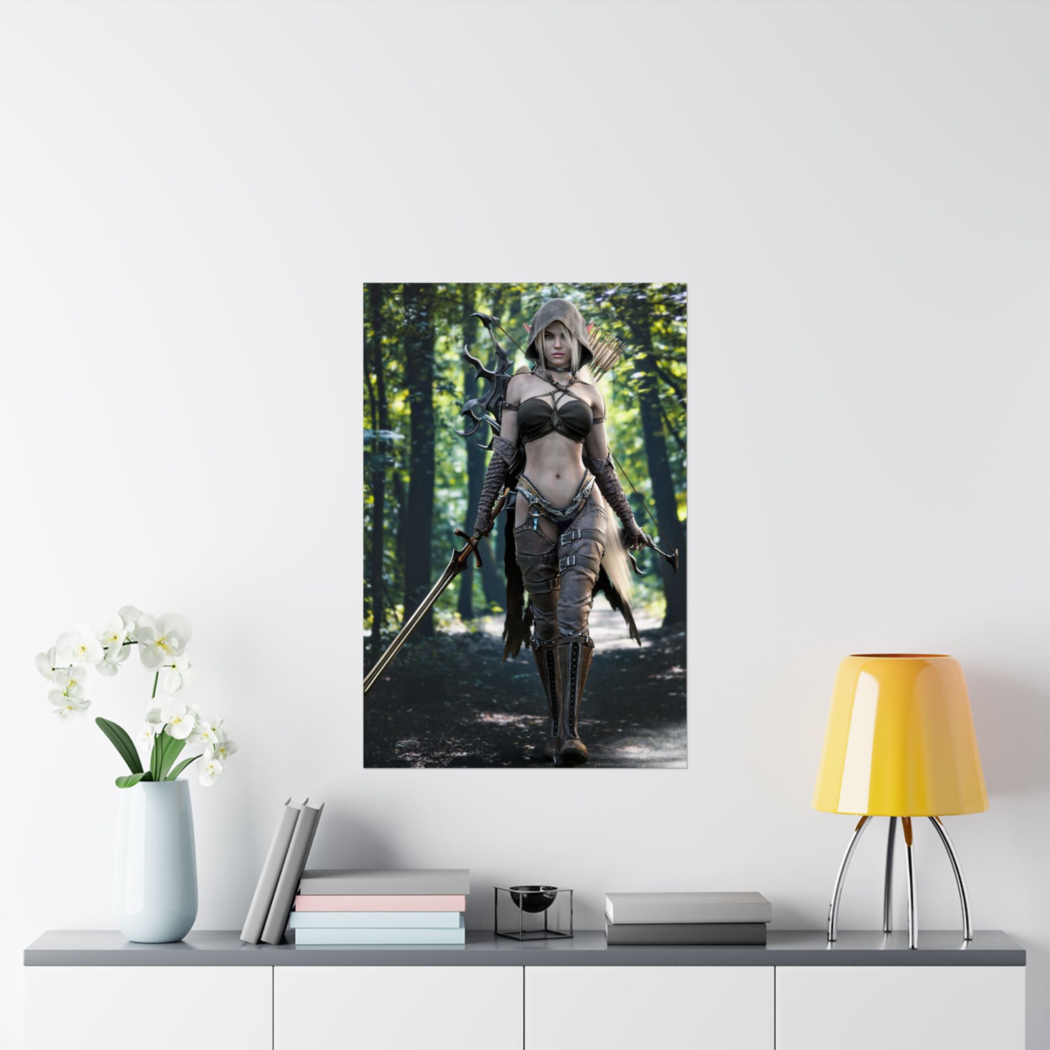 A hand-crafted fantasy illustration of a female elf warrior walking through an enchanted forest wearing a hooded cloak and detailed leather armor. She carries an ornate longsword, fantasy bow, and quiver of arrows while cinematic lighting and lush woodland scenery create an immersive fantasy adventure.