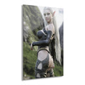 A hand-crafted fantasy illustration of a graceful dark elf warrior with flowing white hair standing before dramatic mountain cliffs. Detailed leather armor, elegant fantasy attire, realistic lighting, and cinematic scenery create an immersive fantasy portrait inspired by classic high fantasy adventures.